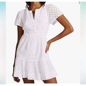 Pretty Garden Womens White Eyelet Lace V Neck A-Line Ruffle Dress Size M Casual
